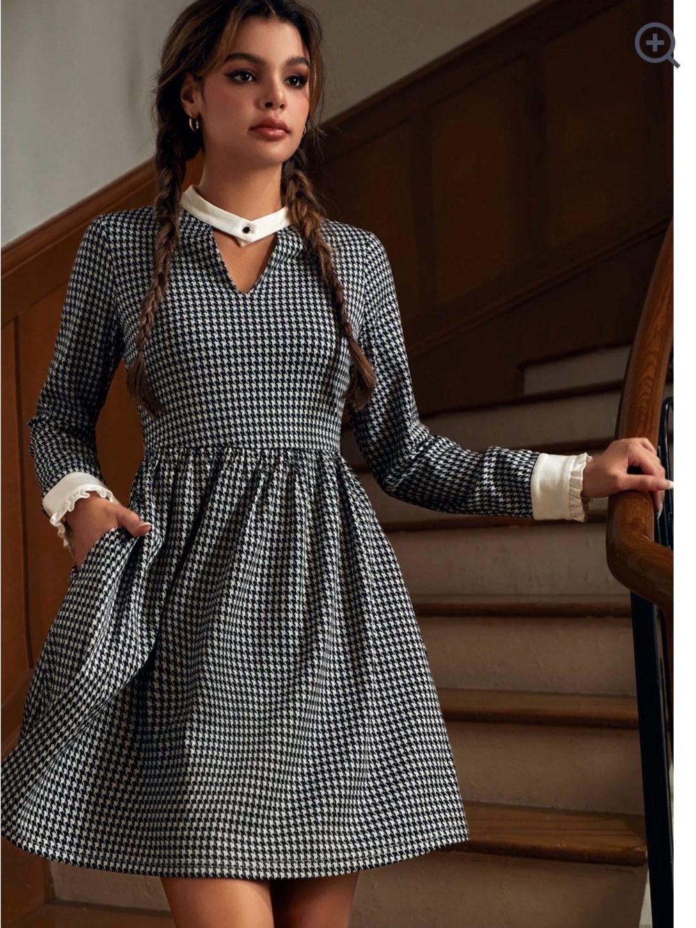 Modcloth Black & White Houndstooth Long Sleeve Dress with Contrast Collar